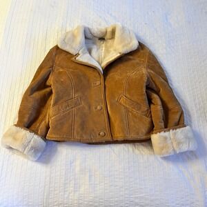VTG Gallery Womens Tan Leather Suede Faux Fur Shearling Aviator Jacket Size M